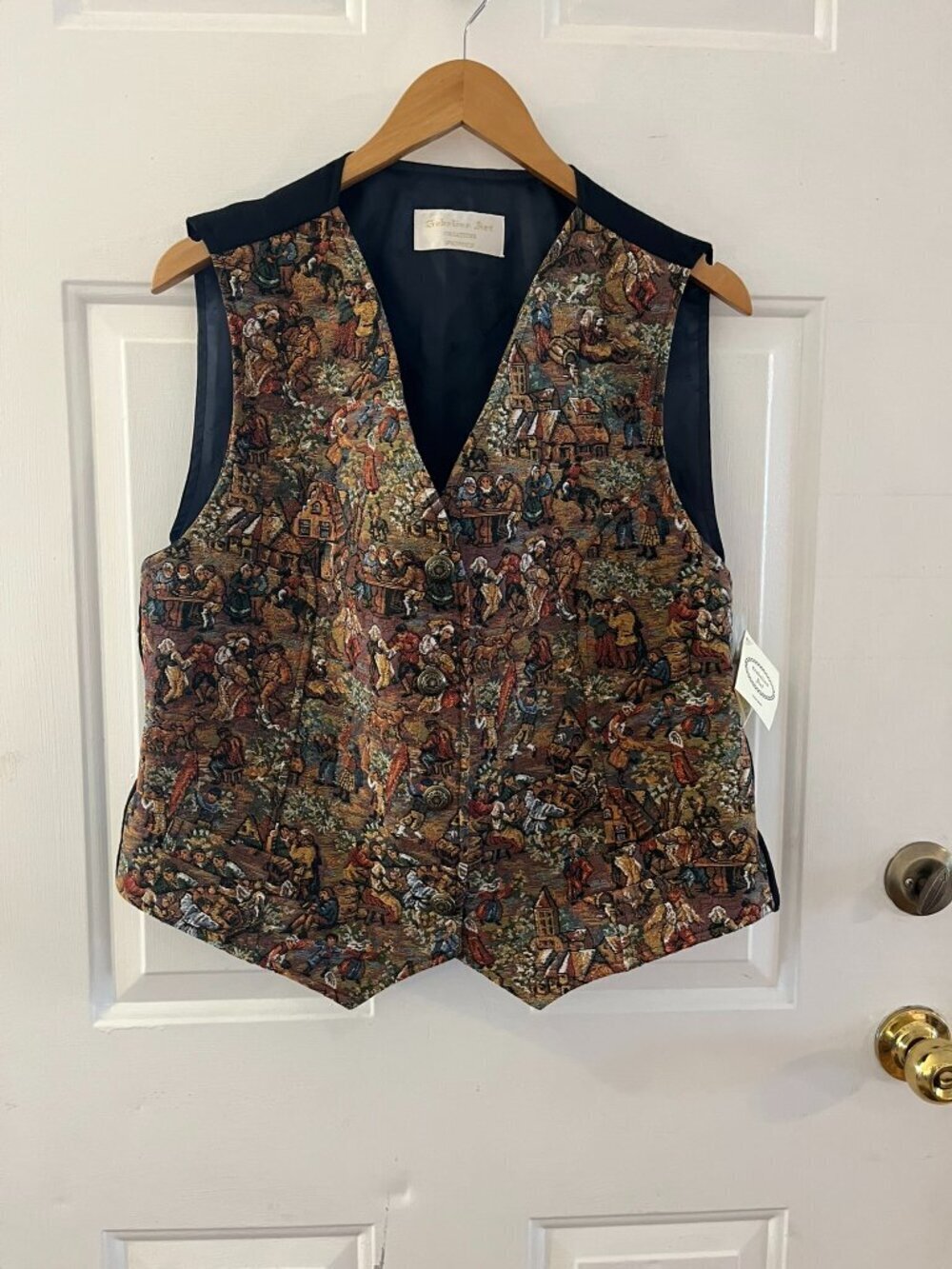 Gobelins Art Creations Medieval Tapestry Brussels Village Scene Vest Sz XXL